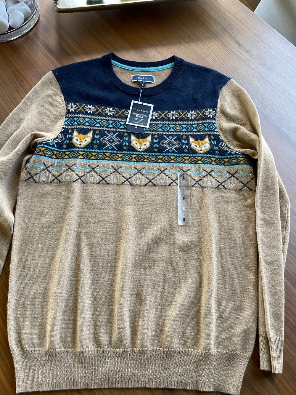 Club Room Tan and Navy Fair Isle Fox Crewneck Sweater